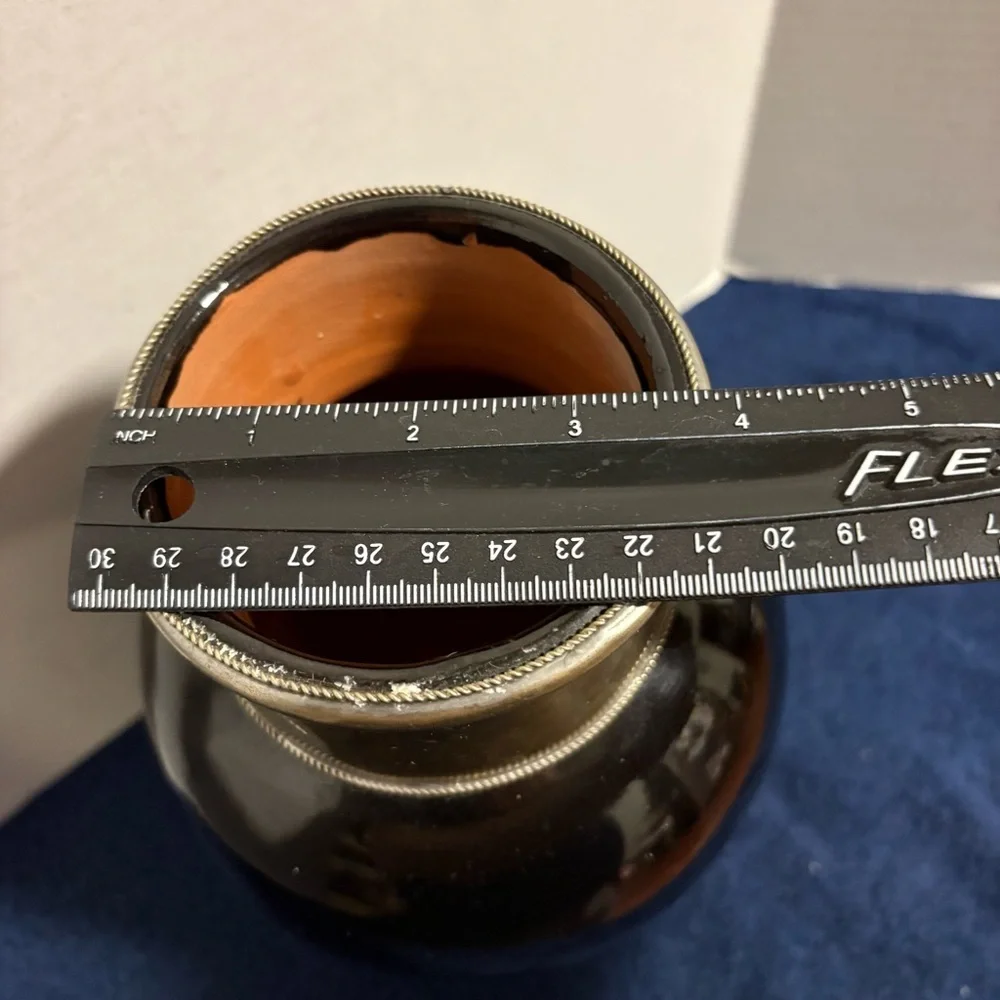 MCM Moroccan Clay Terra Cotta Black & Silver Metal Band Vase Urn 9 1/2
